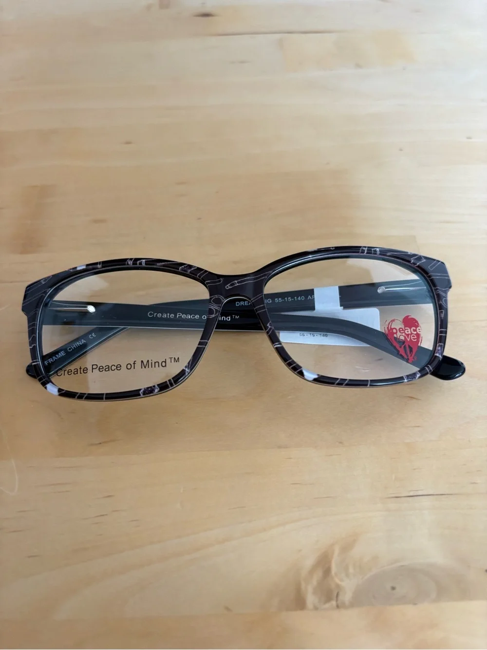 Peace Love Dream Big Black White Art Tools Rectangle Eyeglasses 55-15-140 NWT